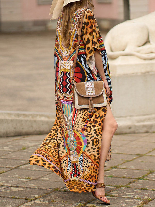Leopard Printed Split-side Batwing Sleeves Loose V-neck Maxi Dresses Beach Cover-Up