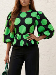 Elasticity Pleated Polka-Dot Loose Puff Sleeves Round-Neck Blouses&Shirts Tops