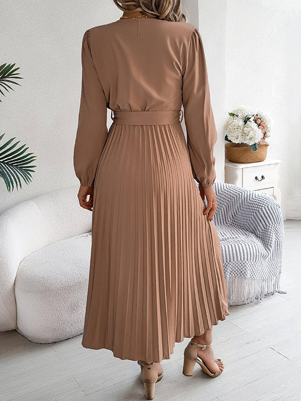 Belted Buttoned Pleated Solid Color High Waisted Long Sleeves V-Neck Maxi Dresses