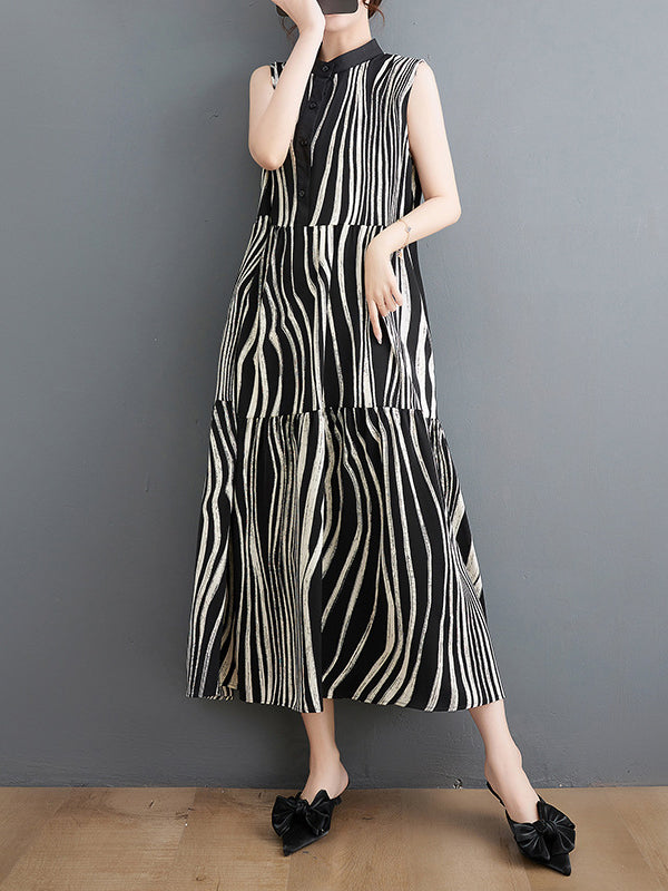 Striped Loose Sleeveless Stand Collar Midi Dresses
