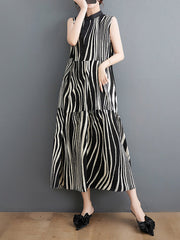 Striped Loose Sleeveless Stand Collar Midi Dresses