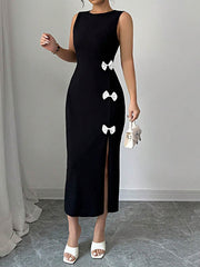 Bowknot Split-Side Bodycon High Waisted Round-Neck Midi Dresses