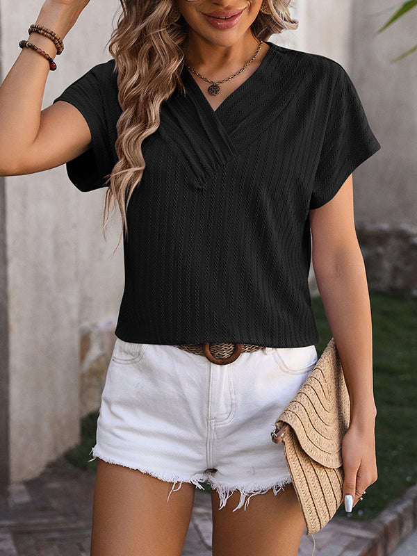 Jacquard Solid Color Loose Short Sleeves V-Neck T-Shirts Tops