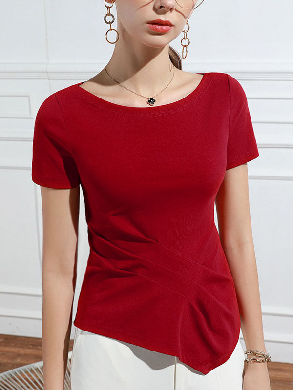 Pleated Solid Color Irregular clipping Short Sleeves Round-neck T-Shirts Tops