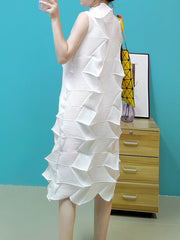 Casual Sleeveless Irregularity Pleated Solid Color Stand Collar Midi Dresses