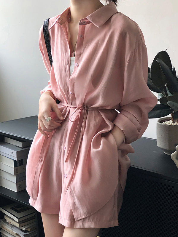 Loose Solid Color Long Sleeves Blouse + Pleated Shorts Two Pieces Set