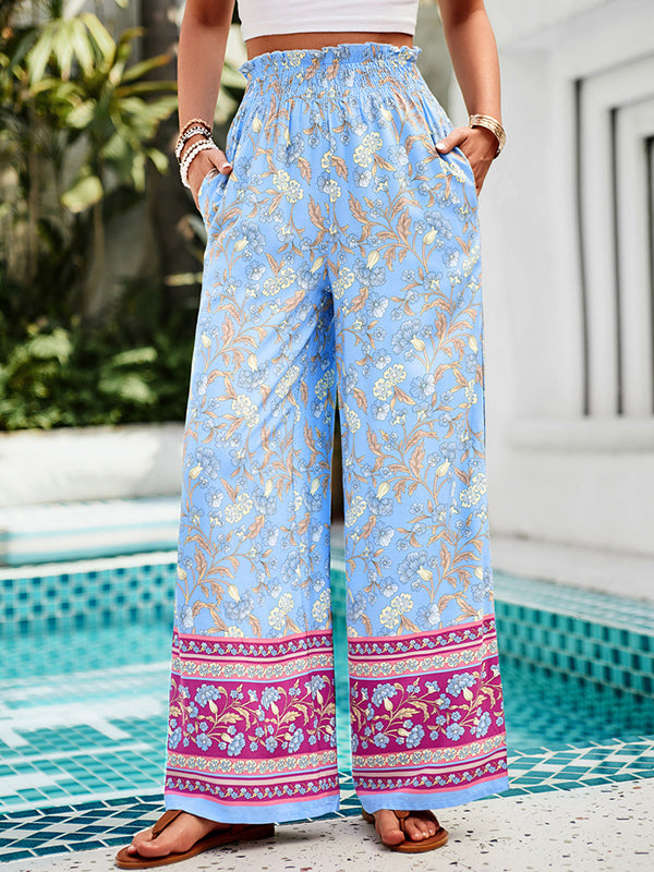 Elasticity Flower Print Pleated Pockets High Waisted Loose Trousers Pants