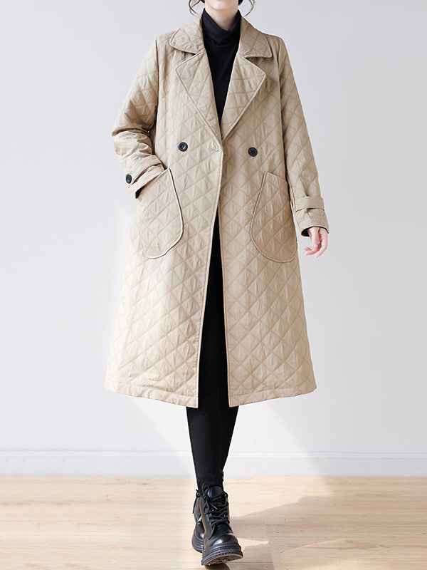 Buttoned Pockets Quilted Long Sleeves Loose Notched Collar Padded Coat