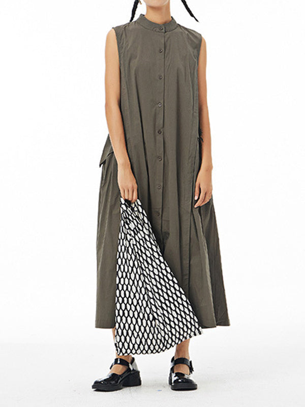 Pleated Solid Color Loose Sleeveless Stand Collar Shirt Dress Midi Dresses