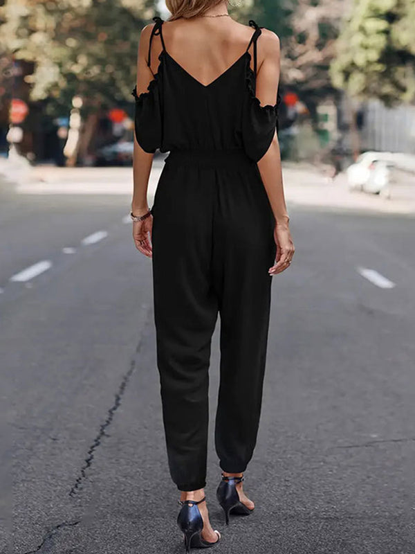 Elasticity Pleated Solid Color Tied High Waisted Sleeveless Cold Shoulder Jumpsuits