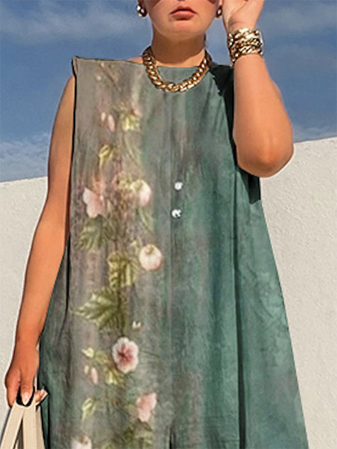 Flower Print Printed Loose Sleeveless Boat Neck Jumpsuits