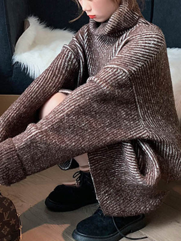 Original Loose Contrast Color High-Neck Long Sleeves Sweater Tops