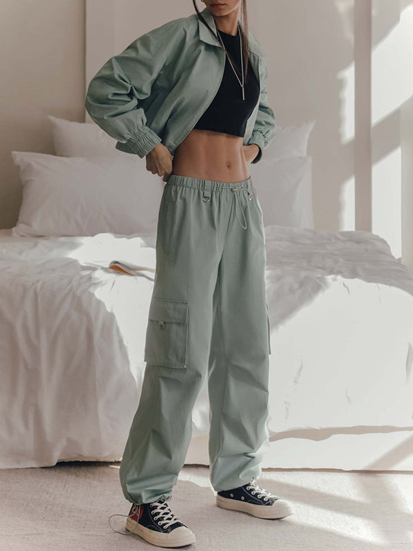 Drawstring Elasticity Pockets Split-Joint High Waisted Loose Trousers Pants