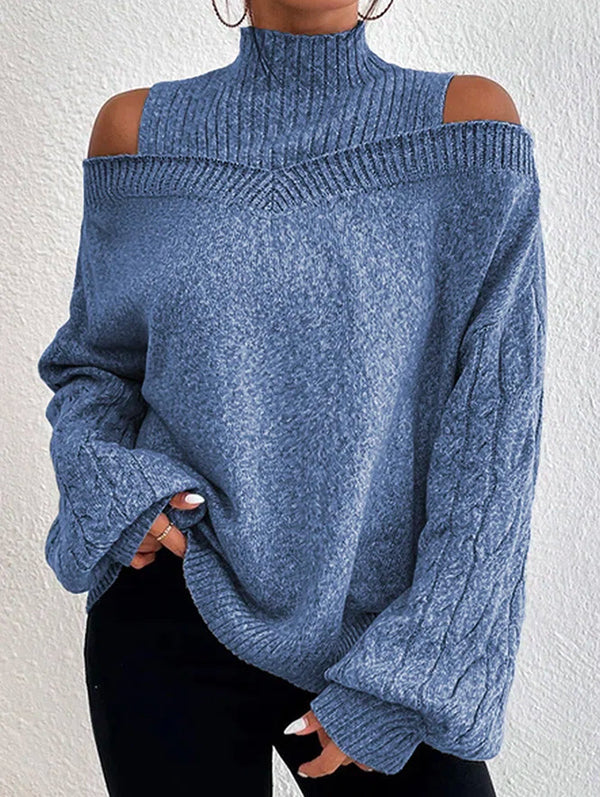Hollow Solid Color Split-Joint Long Sleeves Loose Cold Shoulder Sweater Tops Pullovers
