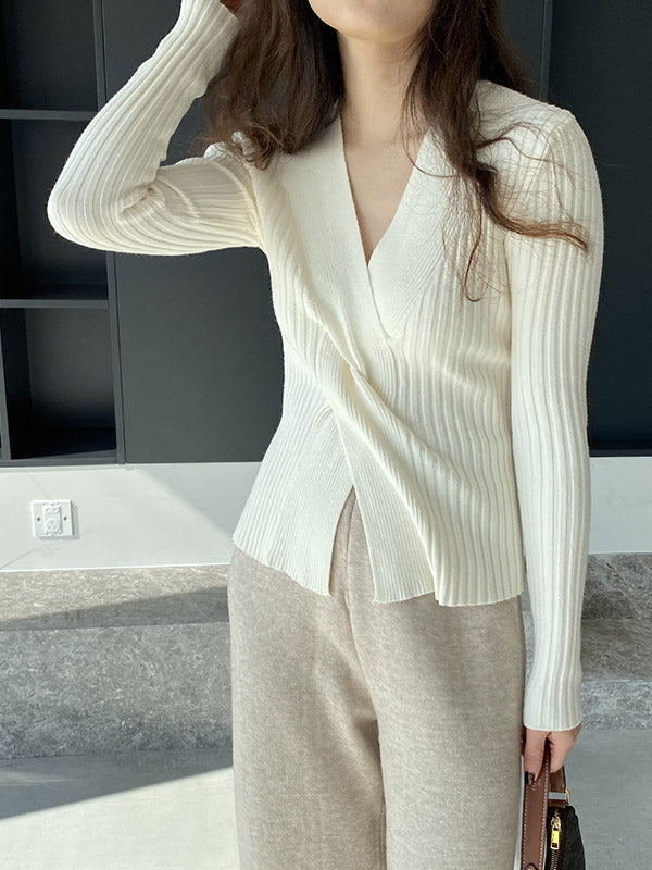 Knot Solid Color Long Sleeves Loose V-Neck Sweater Tops Pullovers