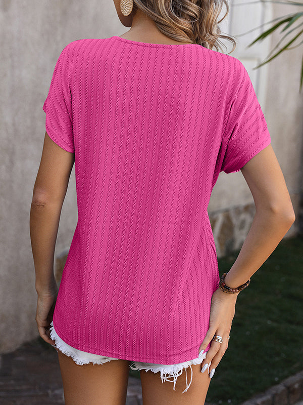 Jacquard Solid Color Loose Short Sleeves V-Neck T-Shirts Tops