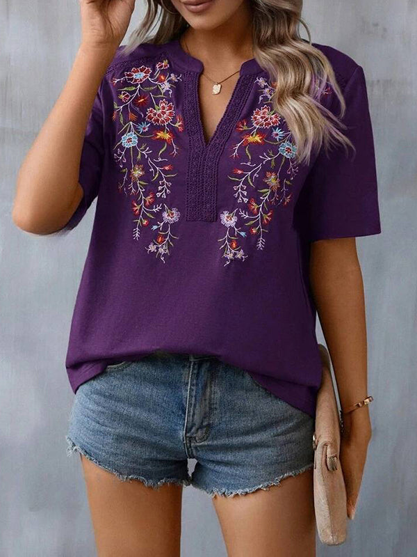 Embroidered Split-Joint Half Sleeves Loose V-Neck T-Shirts Tops