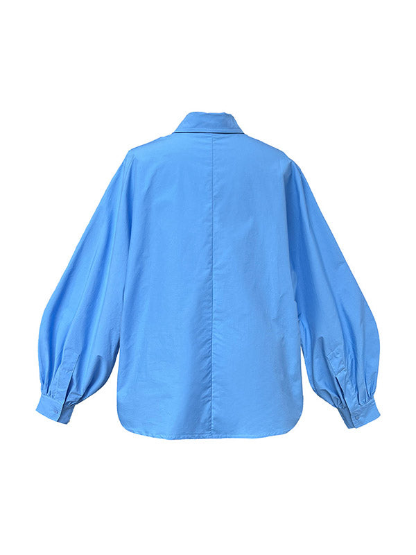 Buttoned Pleated Solid Color Long Sleeves Loose Lapel Blouses&Shirts Tops