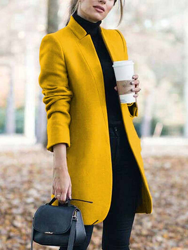 Solid Color Split-Joint Long Sleeves Stand Collar Woolen Coat Outerwear
