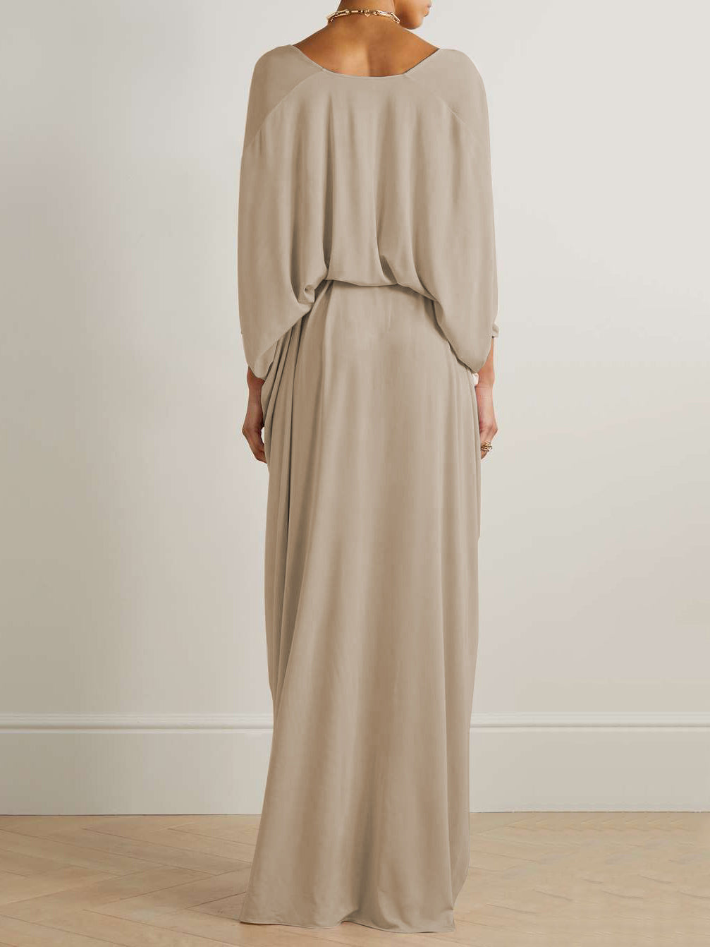 Batwing Sleeves Loose Solid Color V-Neck Maxi Dresses