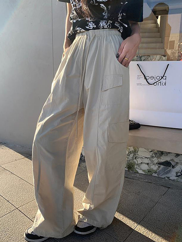 Drawstring Elasticity Pockets Solid Color Split-Joint High Waisted Loose Trousers Pants