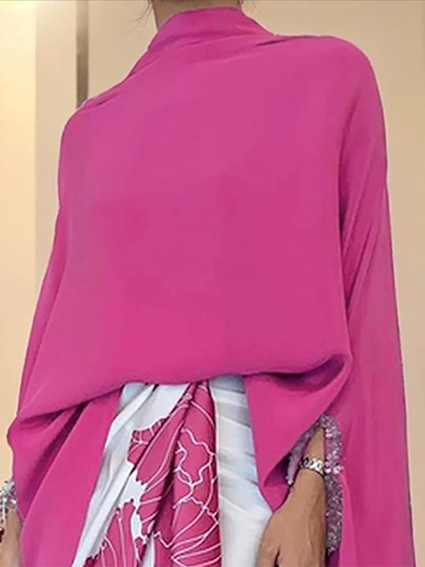 Solid Color Batwing Sleeves Irregular clipping Stand Collar Blouses&shirts Tops