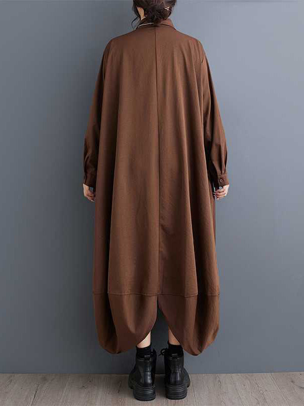 Buttoned Pockets Solid Color Split-Joint A-Line Long Sleeves Lapel Shirt Dress Midi Dresses