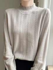 Elasticity Ruffle Trim Solid Color Long Sleeves Loose Mock Neck T-Shirts Tops