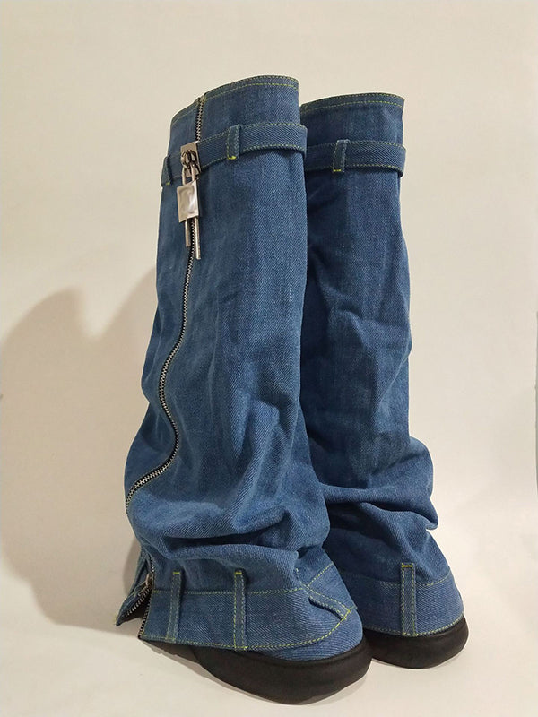Buckle Round-Toe Zipper Boots