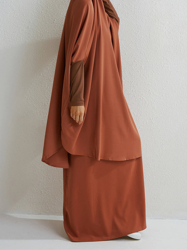 Solid Color Batwing Sleeves Long Sleeves Muslim High Neck Shirts Top + Skirts Bottom Two Pieces Set