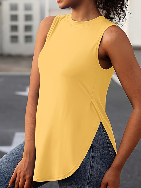 Solid Color Split-Side Loose Sleeveless Round-Neck Vest Top Cover-Ups Tops