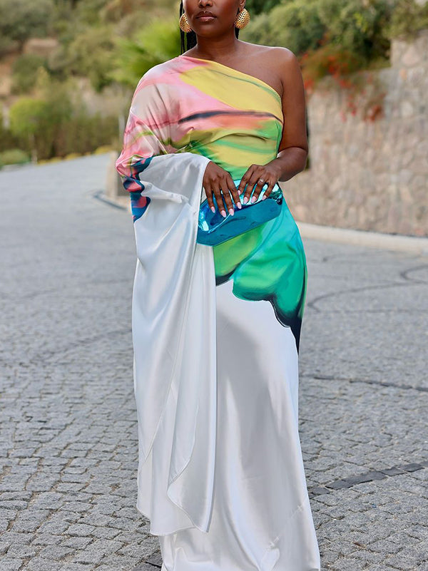 Asymmetric Flower Print Long Sleeves Loose One-Shoulder Maxi Dresses