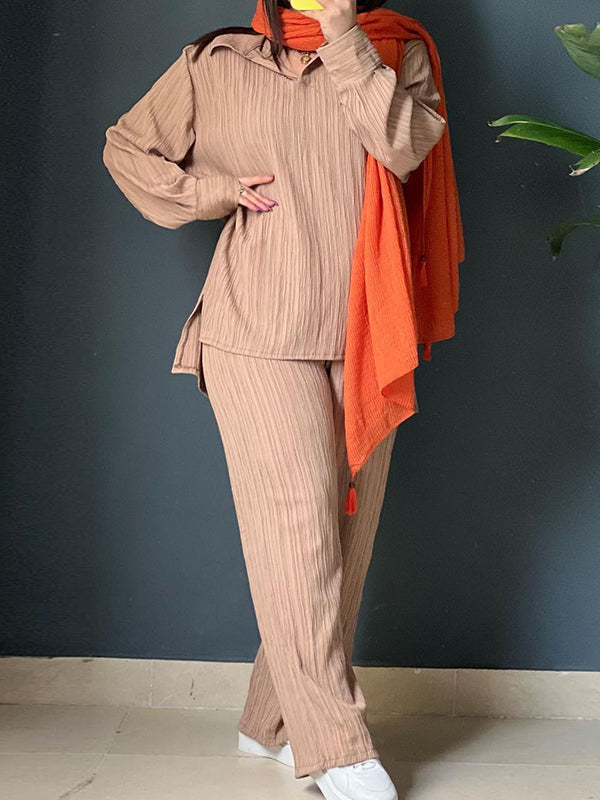 Lapel Pleated Solid Color High-Low Long Sleeves Split-Side Shirts Top + Pants Bottom Two Pieces Set