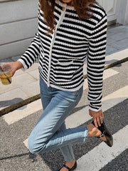 Buttoned Contrast Color Pockets Single-Breasted Striped Long Sleeves Skinny Collarless Outerwear Cardigan Tops