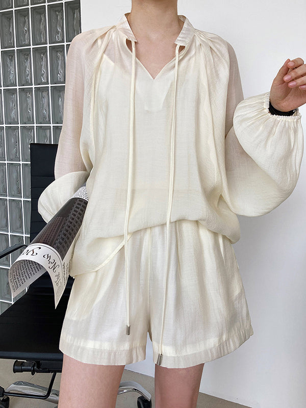 Casual Loose Solid Color Puff Sleeves Blouse&Wide Leg Shorts Two Pieces Set