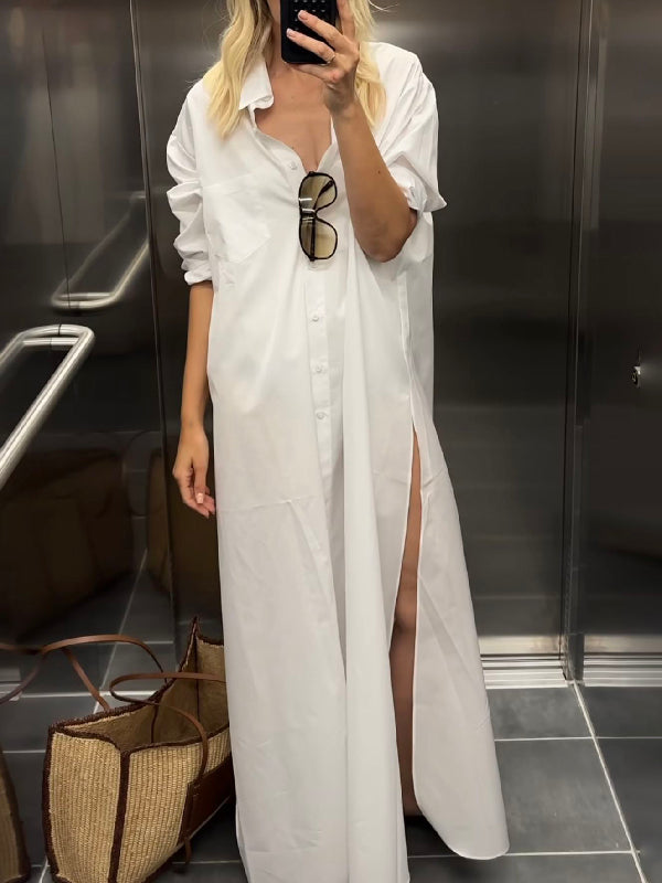 Buttoned Solid Color Split-Side Long Sleeves Loose Lapel Shirt Dress Maxi Dresses