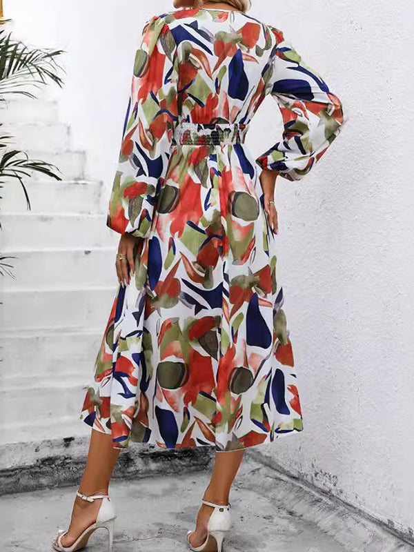 Elasticity Printed Split-Joint A-Line Long Sleeves Deep V-Neck Midi Dresses
