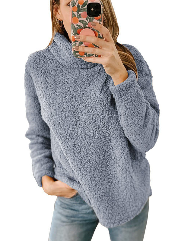 Solid Color Split-Joint Long Sleeves Loose High Neck Sweatshirt Tops