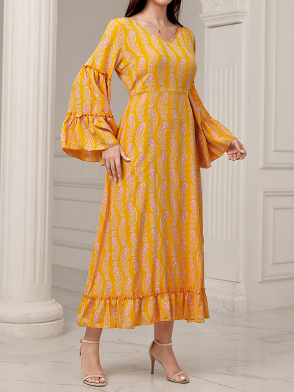 Printed Ruffled Split-Joint A-Line Flared Sleeves V-Neck Maxi Dresses