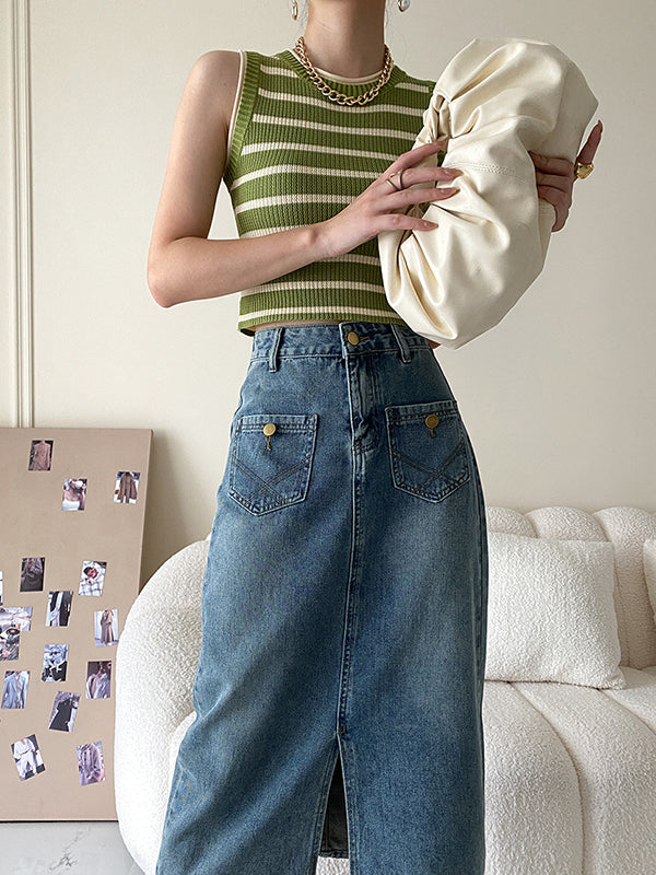 Pockets Split-front Split-Joint A-line Denim Skirts Bottoms
