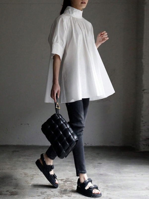 Solid Color Half Sleeves Loose High Neck Blouses&Shirts Tops