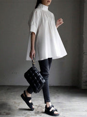 Solid Color Half Sleeves Loose High Neck Blouses&Shirts Tops