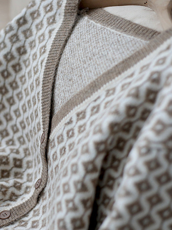 Vintage Loose Rhombic V-Neck Cardigan