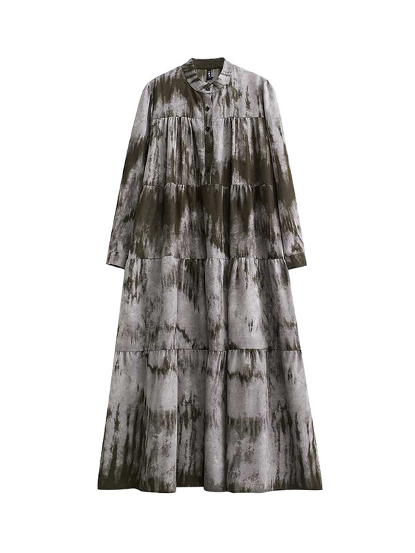 Pleated Printed Split-Joint A-Line Long Sleeves Stand Collar Midi Dresses