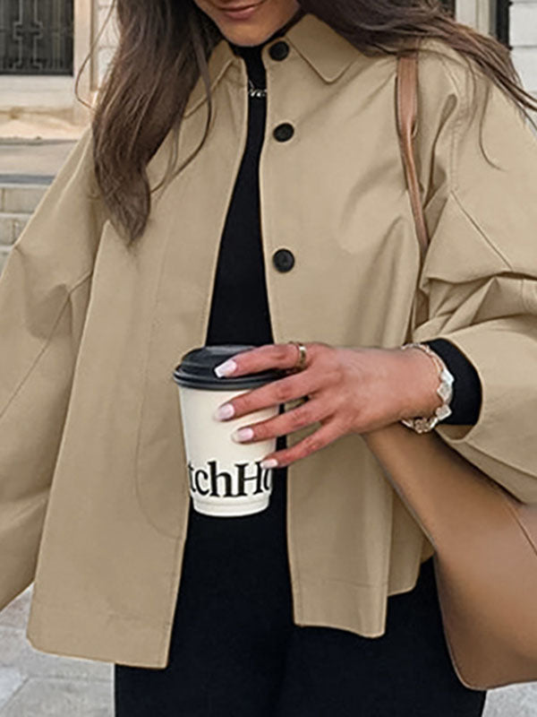 Buttoned Pockets Long Sleeves Loose Lapel Trench Coats Outerwear
