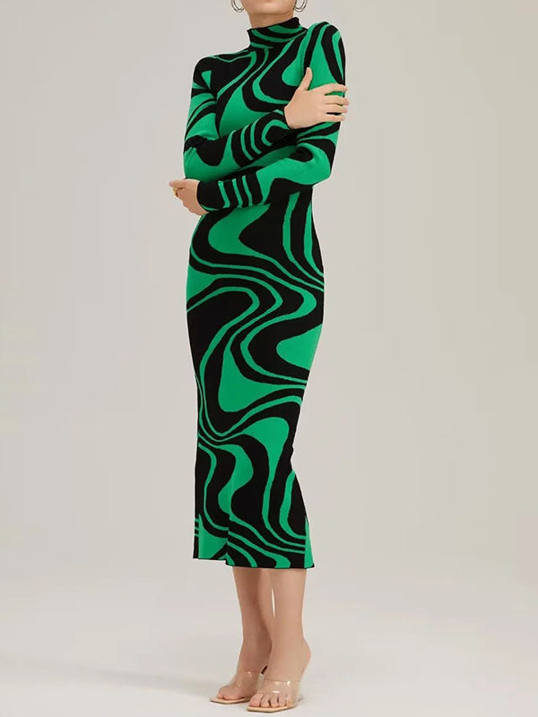 Contrast Color Printed Split-Back Split-Joint Zipper Long Sleeves Skinny High Neck Midi Dresses