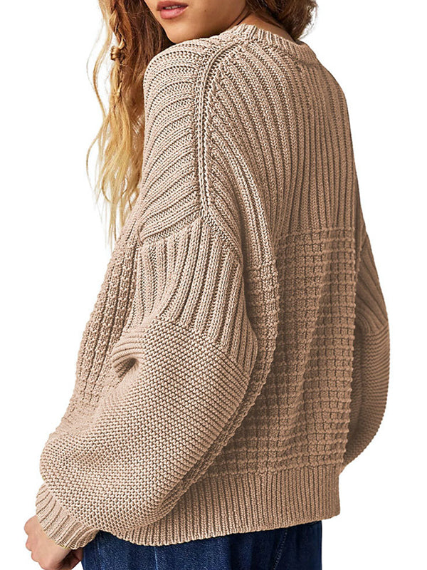 Solid Color Long Sleeves Loose Round-Neck Sweater Tops Pullovers
