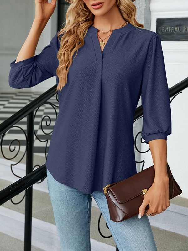 Jacquard Pleated Solid Color Split-Joint Loose Puff Sleeves V-Neck T-Shirts Tops