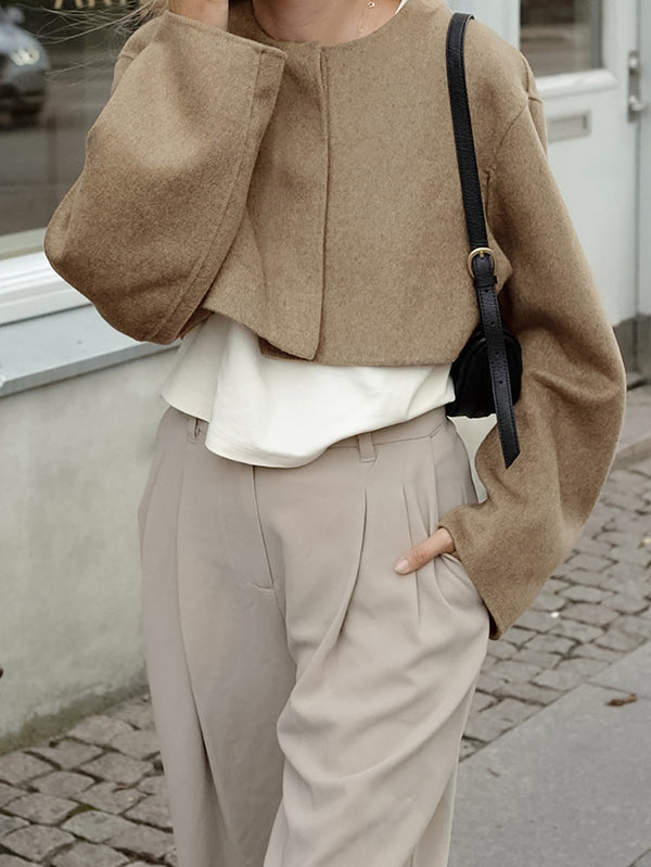 Buttoned Velvet Long Sleeves Loose Round-Neck Woolen Coat