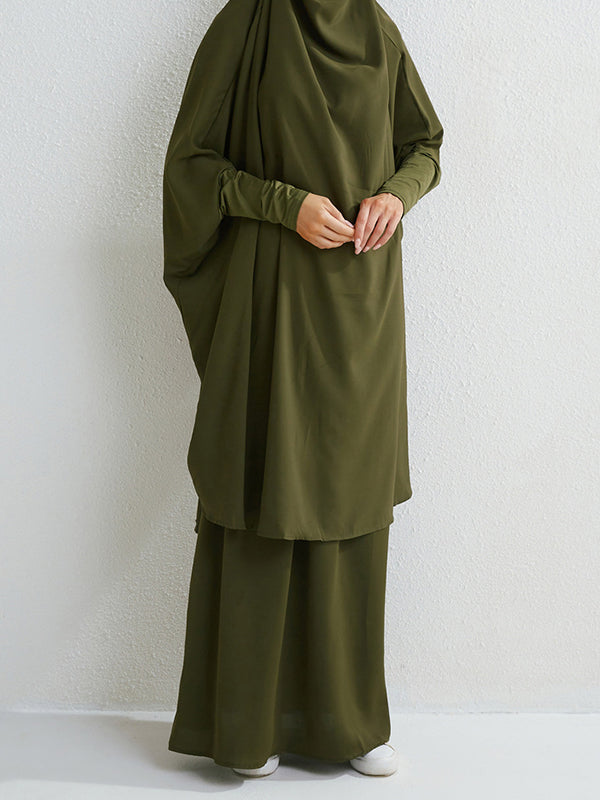 Solid Color Batwing Sleeves Long Sleeves Muslim High Neck Shirts Top + Skirts Bottom Two Pieces Set